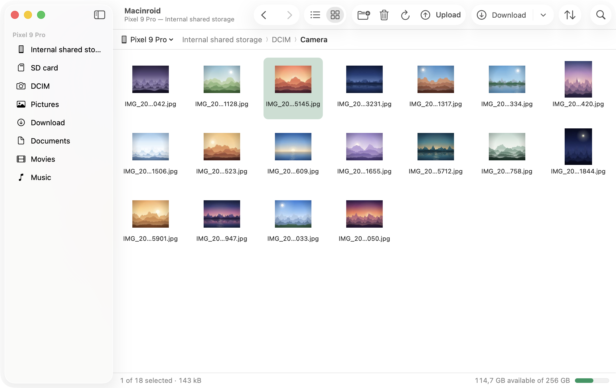 Macinroid showing the Camera folder of a Pixel 9 Pro as thumbnails, with the phone's internal storage, SD card and folders in the sidebar