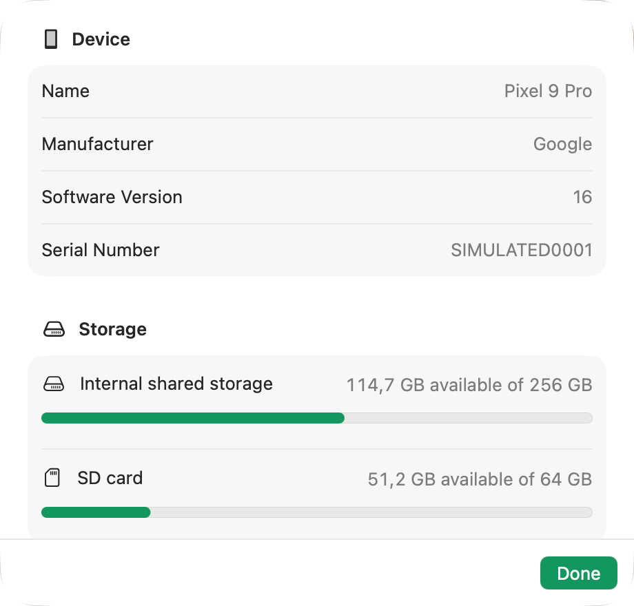 The Device Info sheet: a Google Pixel 9 Pro, software version 16, with 114.7 GB free of 256 GB internal storage and 51.2 GB free of a 64 GB SD card